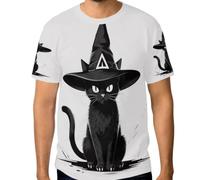 Maglietta da uomo elasticizzata, top grafico personalizzato resistente alle grinze dalla S alla 3XL, Cappello da strega con gatto nero e luna per Halloween, S