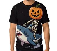 Maglietta da uomo elasticizzata, top grafico personalizzato resistente alle grinze dalla S alla 3XL, Costume da scheletro di zucca che cavalca creatura marina pipistrelli, S