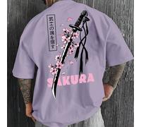 Maglietta da uomo giovanile casual, con stampa grafica di katana e fiori di sakura, di colore viola, dalla vestibilità morbida, dal collo tondo L,M,S,XL,XXLColore unicoTessuto