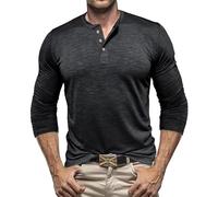 Maglietta da uomo Henley a maniche lunghe, aderente, con 3 bottoni, colletto tondo, estiva, per affari, traspirante, comoda, tinta unita, leggera, per il lavoro, S-2Xl, Nero , XL