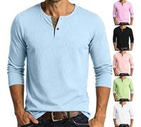 Maglietta da uomo Henley, a maniche lunghe, in cotone, per il tempo libero, con bottoni, leggera per tutti i giorni, estiva, per vacanze, vestibilità normale, facile da pulire, Azzurro, M
