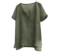Maglietta da uomo in canapa di cotone, con colletto alla coreana, fresca e traspirante, da spiaggia, leggera, ampia, estiva, a maniche corte, di qualità originale, tinta unita, con scollo a V, Verde