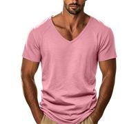 Maglietta da uomo in cotone, con scollo a V, casual, per il tempo libero, estiva, leggera e ariosa, a maniche corte, ad asciugatura rapida, oversize, in lino, Colore: rosa., L
