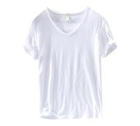 Maglietta da uomo in cotone, per scollo a V, in lino, a maniche corte, comoda, morbida, da corsa, in tinta unita, a maniche corte, vestibilità ampia, in lino, per attività all'aria aperta, bianco, m