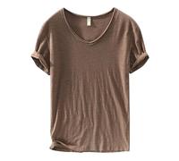 Maglietta da uomo in cotone, per scollo a V, in lino, a maniche corte, comoda, morbida, da corsa, in tinta unita, a maniche corte, vestibilità ampia, in lino, per attività all'aria aperta, caffè, 3XL