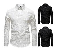 Maglietta da uomo in jacquard da uomo, a maniche lunghe, elegante, a maniche lunghe, elegante, vestibilità aderente, tinta unita, con bottoni, colletto rovesciato, camicie per feste di nozze, polo