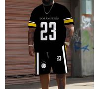 Maglietta da uomo oversize in stile retrò da basket con tema Los Angeles, numero 23 e logo di stella del basket in nero, giallo e bianco, abbinata a pantaloncini casual, outfit estivo comodo e casual 