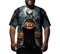 Maglietta da uomo per Halloween, girocollo con zucca, a maniche corte, oversize, per vacanze estive, per feste, Gatto zucca vestaglia nera, 6XL