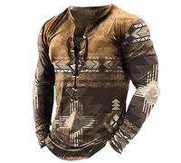 Maglietta da Uomo Vintage con Scollo a V e Lacci, Maglietta a Maniche Lunghe in Stile Etnico, Camicia Henley da Strada all'aperto invecchiata Maglia Sportiva da Palestra