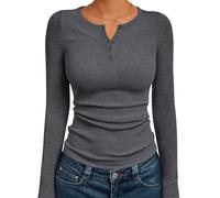 Maglietta di Base da Donna a Manica Lunga Aderente con Bottoni e Collo Henley,Dark Gray,L
