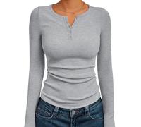 Maglietta di Base da Donna a Manica Lunga Aderente con Bottoni e Collo Henley,Light Gray,S
