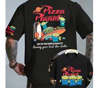 Maglietta Disney Toy Story Classic Pizza Planet Alien Rocket Space Graphic, T-shirt a maniche corte con stampa retrò vintage Pizza Planet Slogan sul retro, Top casual nero senza tempo con scollo roton