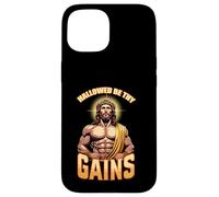 Maglietta divertente con scritta in lingua inglese "Hallowed Be Thy Gains", con Gesù Custodia per iPhone 15