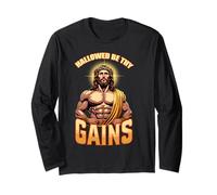 Maglietta divertente con scritta in lingua inglese "Hallowed Be Thy Gains", con Gesù Maglia a Manica