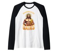 Maglietta divertente con scritta in lingua inglese "Hallowed Be Thy Gains", con Gesù Maglia con Maniche Raglan