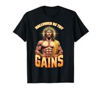 Maglietta divertente con scritta in lingua inglese "Hallowed Be Thy Gains", con Gesù Maglietta