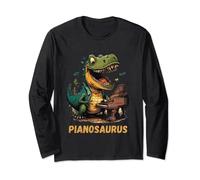 Maglietta divertente dinosauro che suona il pianoforte Maglia a Manica