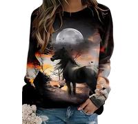 Maglietta Donna 3D Stampa Cavallo Jumper Animale Modello Manica Lunga Pullover Crew Collo T-Shirt Casual Sciolto Tops