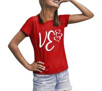 Maglietta donna con lettere stampate, cuore, San Valentino, manica corta, camicetta leopardata top donna, Colore: rosso, L