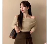 Maglietta donna con spalle scoperte e pieghe, semplice e alla moda, casual e quotidiana, in colore unito, abbigliamento autunnale, abbigliamento per il ritorno a scuola L,M,S,XLColore unicoTessuto in 