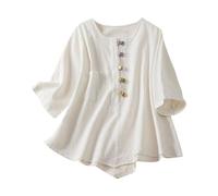 Maglietta Donna Curvy Lino Maglietta a Manica Corte da Donna Estiva Elegante Camicette Blusa con Scollo a V Maniche Corte Top Ricamo con Bottoni Decorativi Moda T-Shirt Maglietta Estate e Confortevole