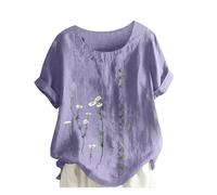 Maglietta donna in cotone e lino alla moda casual girocollo manica corta top donna t-shirt donna donna pantaloncini sexy, Lilla, 4XL