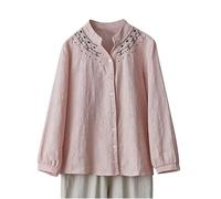 Maglietta Donna Lino Maglietta Taglie Forti a Maniche Lunghe Camicia da Donna in Lino Casual Maglietta Vintage Ricamato Allentato Top Tinta Unita Camicia Cinese 2024 Maglietta Estate e Confortevole
