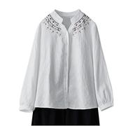 Maglietta Donna Lino Maglietta Taglie Forti a Maniche Lunghe Camicia da Donna in Lino Casual Maglietta Vintage Ricamato Allentato Top Tinta Unita Camicia Cinese 2024 Maglietta Estate e Confortevole