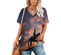 Maglietta Donna Manica Corta Silhouette Cavaliere Cowboy Magliette Oversize Estive Scollo a V Paesaggio Ranch Del West T-Shirt Ampia Elegante Traspirante Basic Top Spalle Larghe Camicia, Rosso-Arancio