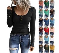 Maglietta Donna Maniche Lunghe Invernale,Magliette Eleganti con Scollo a U Maglia Termica Sportiva Slim Fit Tshirt Aderente Tinta Unita Pullover Sexy Casual Basic Top con Bottone (M)