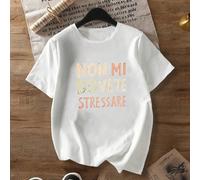 Maglietta elegante da donna a girocollo e maniche corte - Nera, stampata con il prominente testo italiano "Non Mi Dovete Stressare", adatta per l'uso casual in primavera/estate, adatta anche per autun