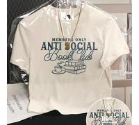 Maglietta estiva "Anti-Social Reading Club" di Members Only, maglietta casual da donna a maniche corte con stampa divertente di libri, caffè e lettere, taglio corto aderente 0XL,1XL,2XL,3XL,4XLGeometr