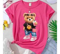 Maglietta estiva casual a manica corta con collo tondo e stampa di orso cartone animato per ragazze adolescenti 8Y,9Y,10Y,11Y,12YAnimale,Fumetto,LettereTessuto