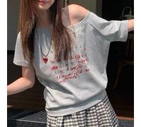 Maglietta estiva casual da donna, stile coreano, spalle scoperte, graffiti (2XL grigio)