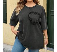 Maglietta estiva casual di moda da donna, larga, con spalle a trombetta, plissettata, con stampa a forma di cuore, lavata, per il tempo libero e le vacanze estive 5XL,6XL,7XL,8XLColore unicoTessuto in