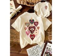 Maglietta estiva casual e alla moda da donna, a maniche corte, girocollo, con motivo a cuore e occhi, in tessuto elasticizzato L,M,S,XLGeometricoTessuto