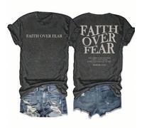 Maglietta estiva comoda con scritta cristiana "La fede supera la paura", taglia comoda, stile fashion, versetto biblico 0XL,1XL,2XL,3XL,4XLLettere,sloganTessuto