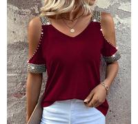 Maglietta estiva con spalle scoperte, con decorazione in perline e applicazioni grafiche su patchwork, tops per donna L,M,S,XLPoliestere