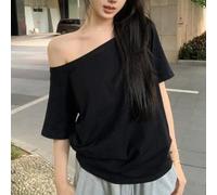 Maglietta estiva da donna, a maniche corte, con spalle scoperte, alla moda, casual, per vacanze, uso quotidiano, bianco, nero, grigio, taglie dalla S alla 2XL (M nero)