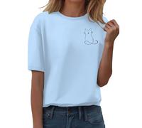 Maglietta estiva da donna a maniche corte con stampa di gatto, maglietta girocollo casual allentata leggera per donne UK uso quotidiano ufficio vacanza usura, Azzurro, L