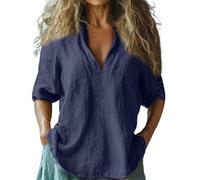 Maglietta estiva da donna, a maniche corte, in cotone e lino, design alla moda, scollo a V, abbottonata, casual, traspirante, per le giornate calde, 1b - blu navy, M