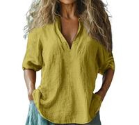 Maglietta estiva da donna, a maniche corte, in cotone e lino, design alla moda, scollo a V, abbottonata, casual, traspirante, per le giornate calde, 1f-giallo, M
