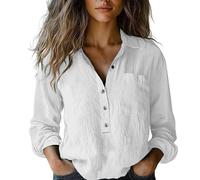 Maglietta estiva da donna, a maniche corte, in cotone e lino, design alla moda, scollo a V, abbottonata, casual, traspirante, per le giornate calde, 1 g - bianco, M