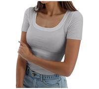 Maglietta estiva da donna, a maniche corte, quadrata, a costine sottili, casual, da donna, grigio chiaro., 3XL