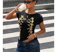 Maglietta estiva da donna con maniche corte, decorazione con bottoni stile Napoleone nero e oro, basic streetwear hip hop anni '90, chic per feste, uscite, festival e vacanze L,M,S,XL,XS,XXL,XXS,XXXL,
