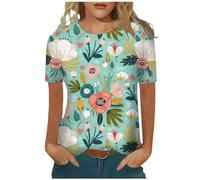 Maglietta estiva da donna, con scollo rotondo, floreale, a maniche corte, al neon, Verde menta, XL
