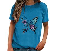 Maglietta estiva da donna, grande alla moda, con scollo rotondo, a maniche corte, da donna, estiva, Blu, XL