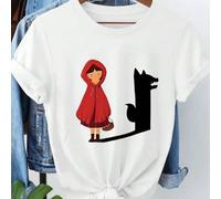 Maglietta estiva da donna in 100% cotone con grafica de "Cappuccetto Rosso e il Lupo", girocollo, maniche corte, bianca L,M,S,XL,XSPianteCotone