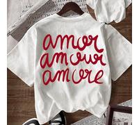 Maglietta estiva da donna in 100% cotone, stile casual e ampio, con stampa romantica "Amor Amour Amore", manica corta e collo tondo, morbida e confortevole, stile Y2K, adatta per primavera, estate, Sa