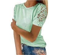 Maglietta estiva da donna in pizzo, a maniche corte, alla moda, tinta unita, con cuciture in pizzo, girocollo, comoda, maglietta basic elegante